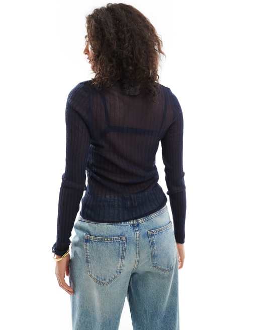 ASOS DESIGN knitted sheer crew neck top in navy