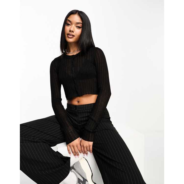 Petite Black High Neck Ribbed Long Sleeve Crop Top