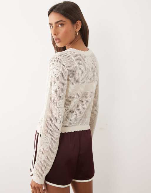 ASOS DESIGN knitted sheer lace floral cardigan in ecru, 4 of 4
