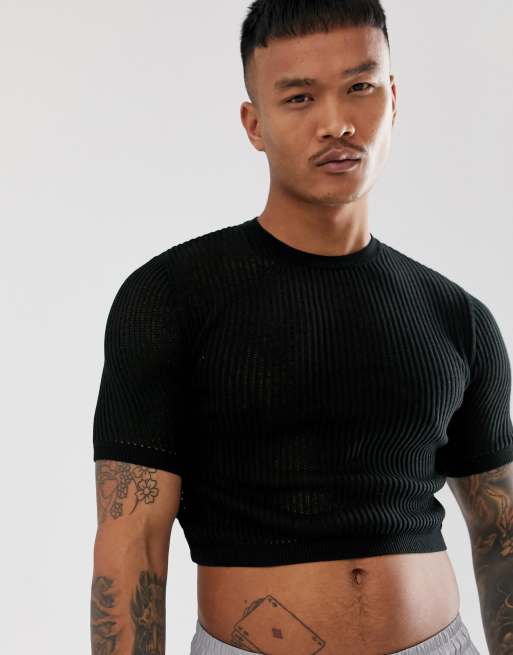 ASOS DESIGN knitted sheer mesh cropped jumper in black