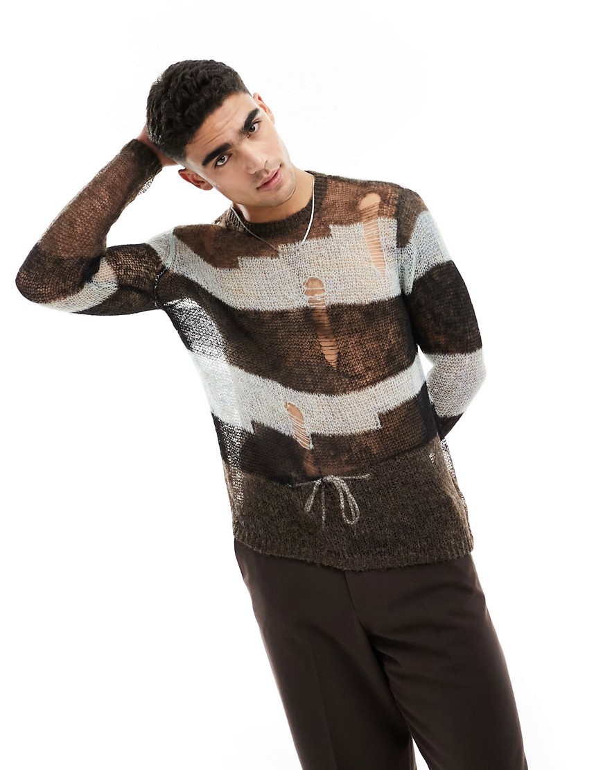 ASOS DESIGN knitted sheer mesh laddered jumper with stripe in black