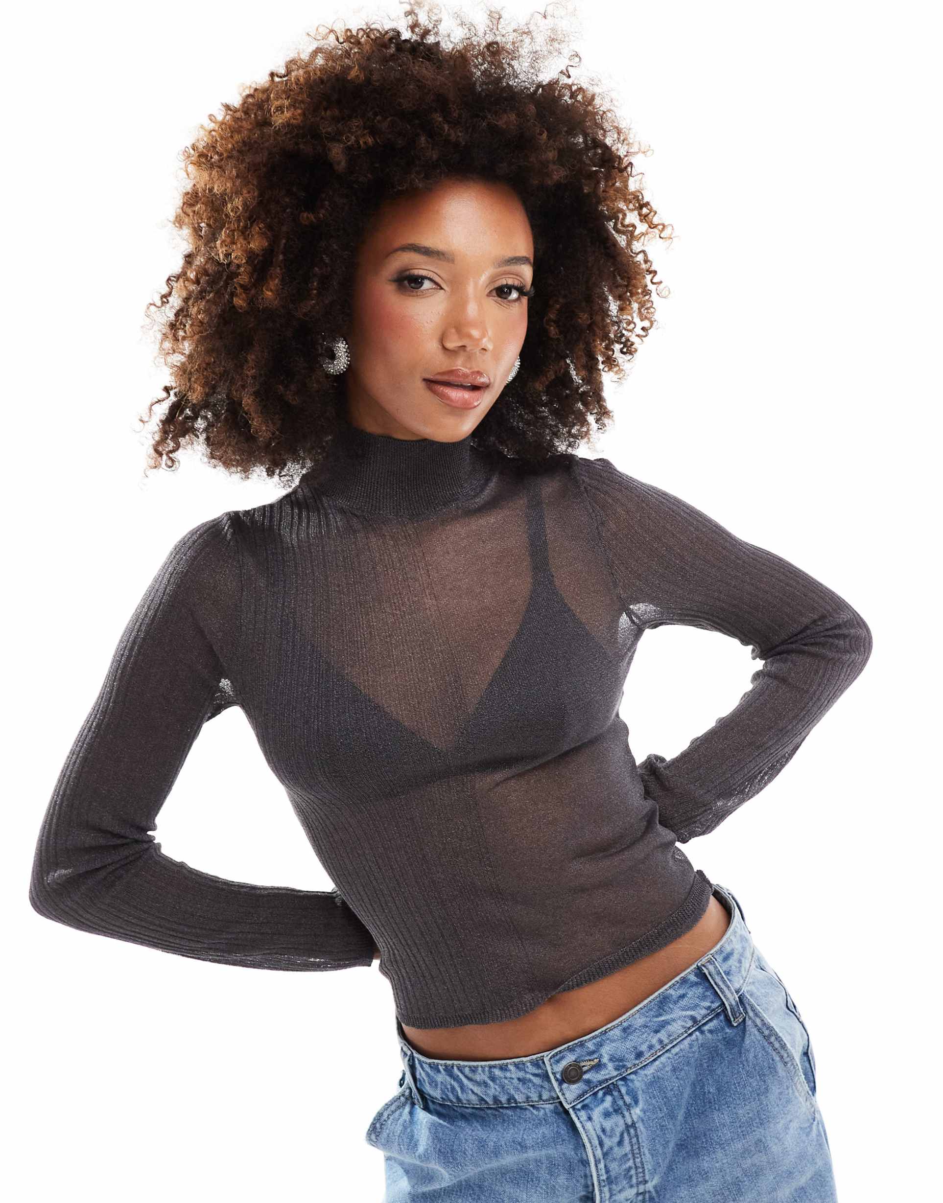 asos design knitted sheer roll neck layering top in charcoal