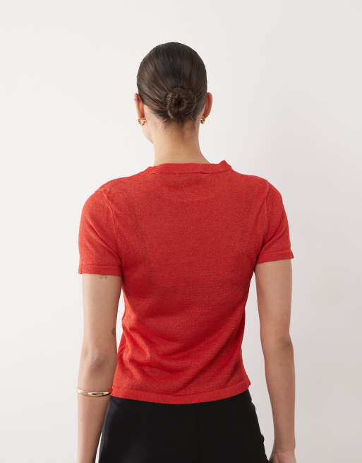 ASOS DESIGN knitted sheer t-shirt in red, 4 of 4