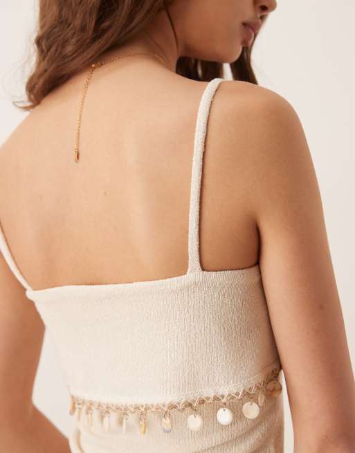 ASOS DESIGN knitted shell trim detail mini dress in cream, 3 of 4