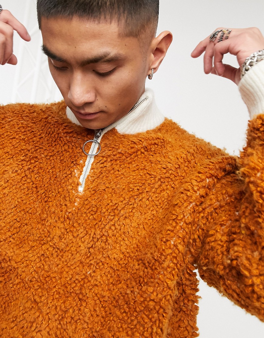 ASOS DESIGN knitted sherpa half-zip sweater in orange