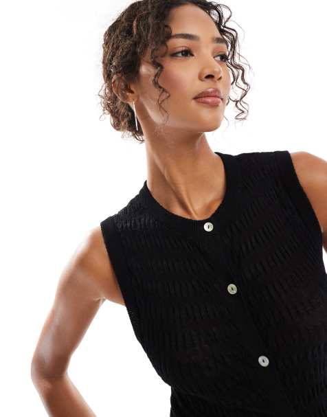 ASOS DESIGN knitted shirred button through tank in black - view 1