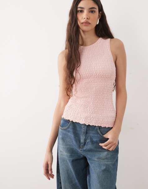 ASOS DESIGN knitted shirred tank in pink - view 1