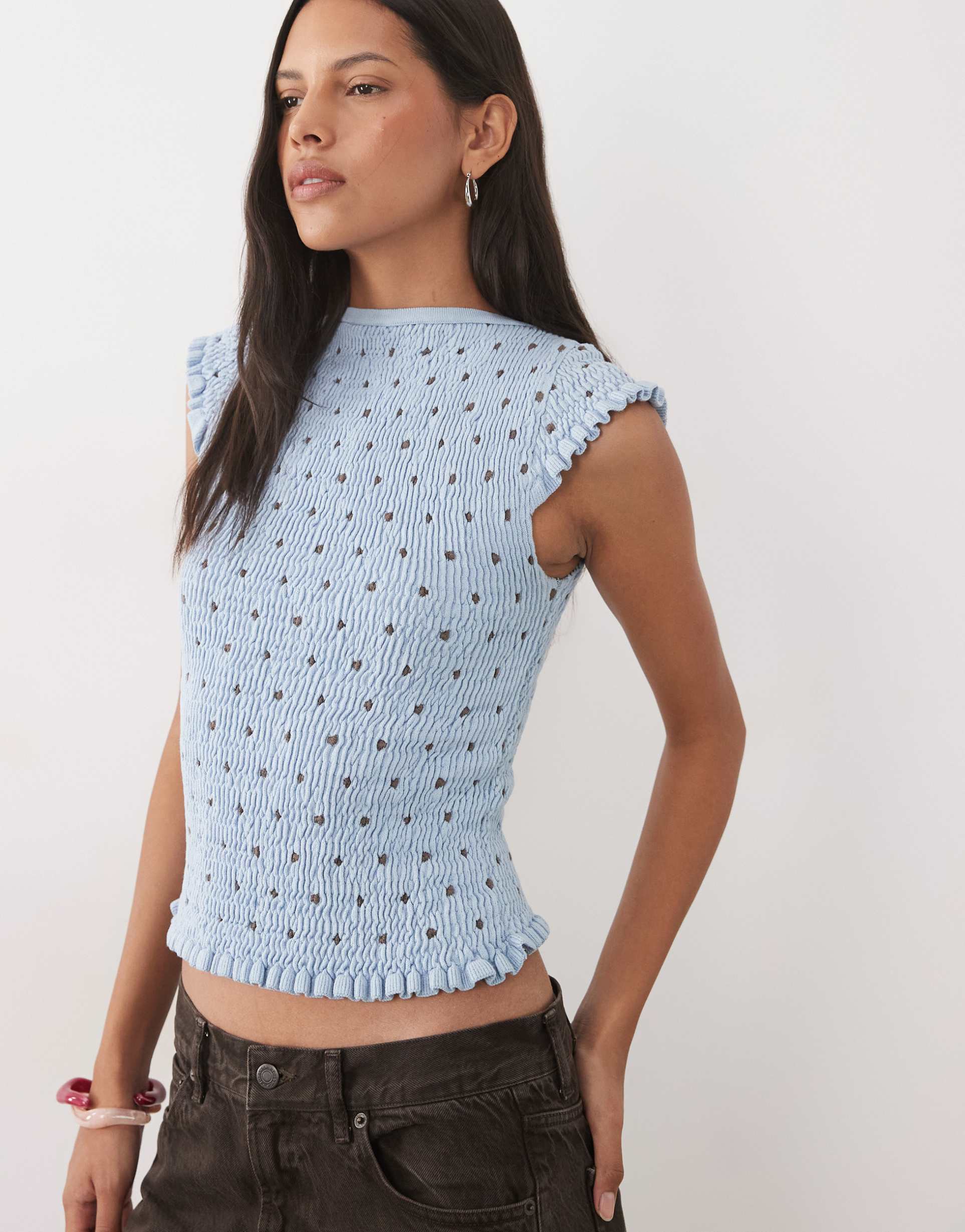 asos design knitted shirred top in blue polka print
