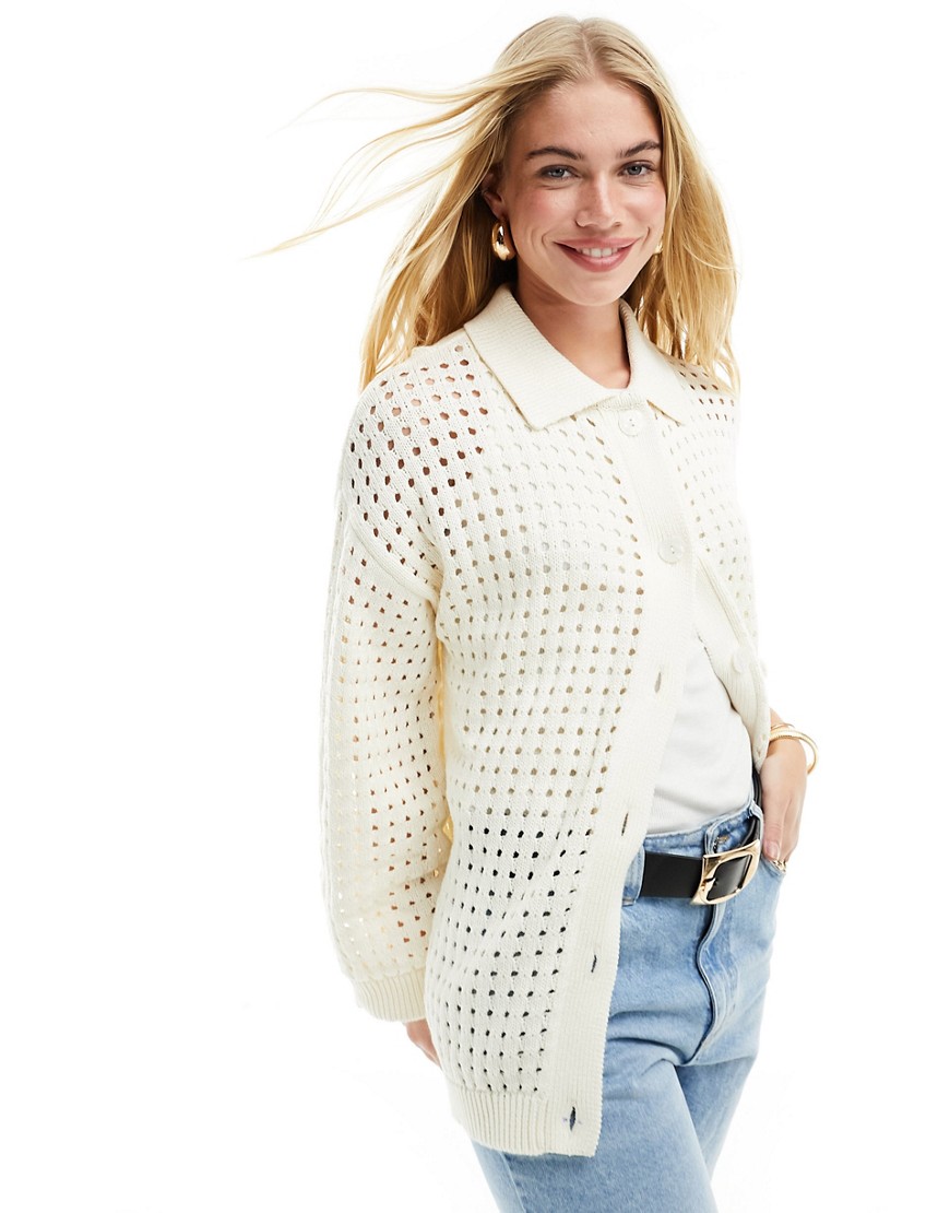 ASOS DESIGN knitted shirt with collar in open stitch in cream-White