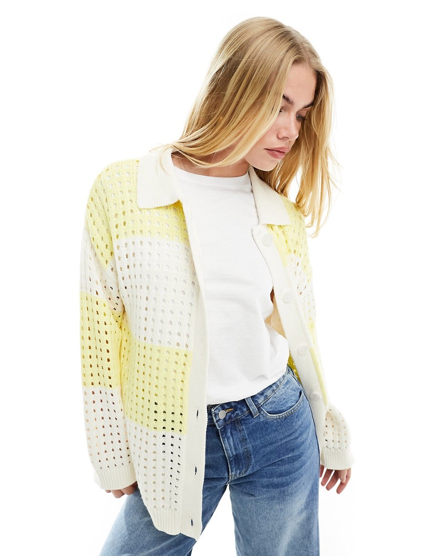 ASOS DESIGN knitted shirt with collar in open stitch in stripe-Yellow