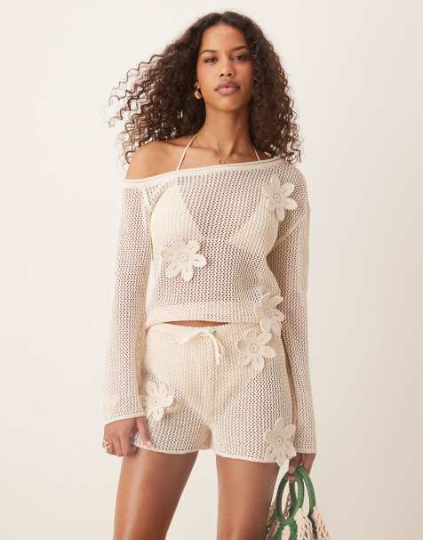 ASOS DESIGN knitted short co-ord with 3D flowers in ecru