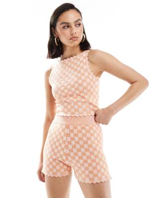 ASOS DESIGN knitted short in checkerboard pattern co-ord-Orange