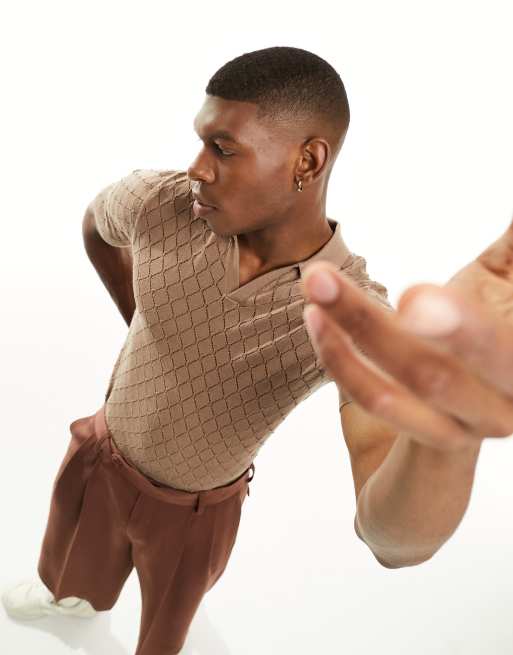 ASOS DESIGN knitted short polo top with diamond texture in brown