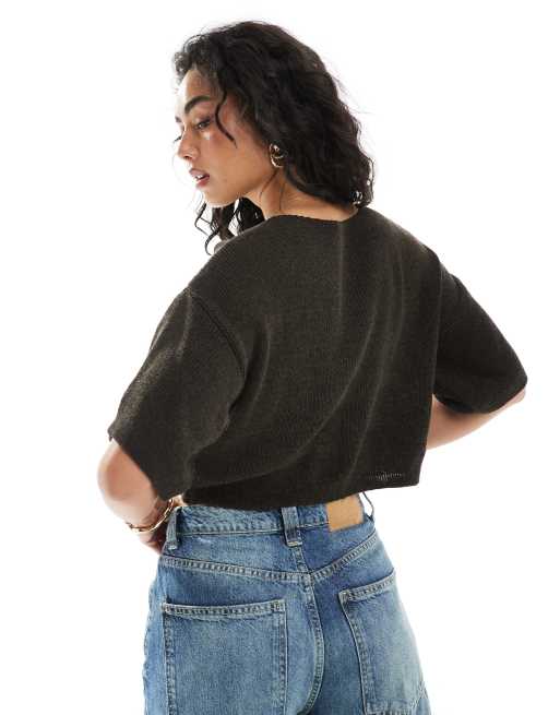 ASOS DESIGN knitted short sleeve cardigan in chocolate, 3 of 4