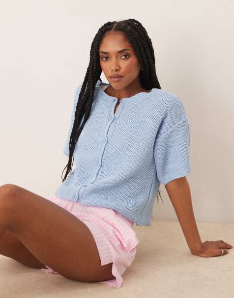 ASOS DESIGN knitted short sleeve cardigan in pale blue - view 1