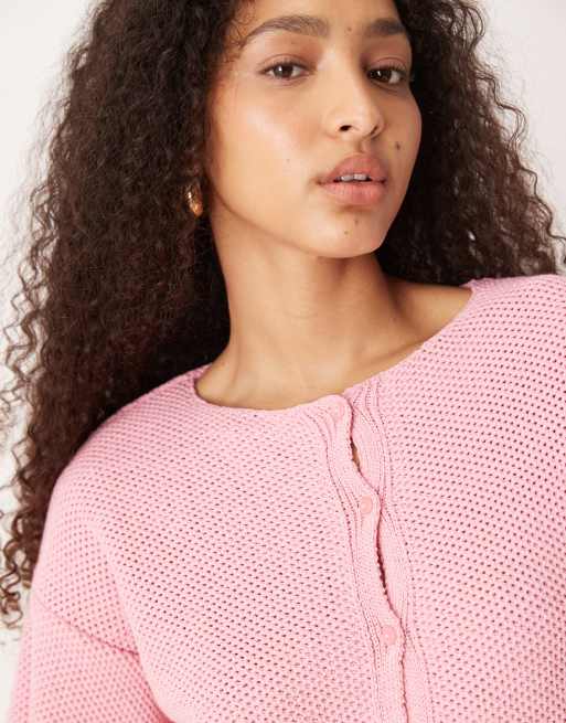 ASOS DESIGN knitted short sleeve cardigan in pink, 2 of 4