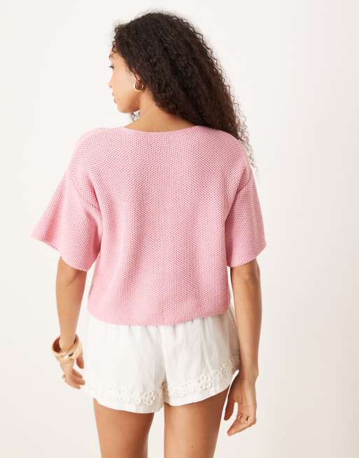 ASOS DESIGN knitted short sleeve cardigan in pink, 4 of 4