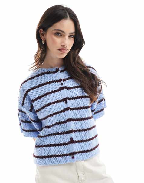 ASOS DESIGN knitted short sleeve cardigan in stripe - view 1