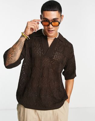 ASOS DESIGN knitted short sleeve oversized pointelle jumper in brown