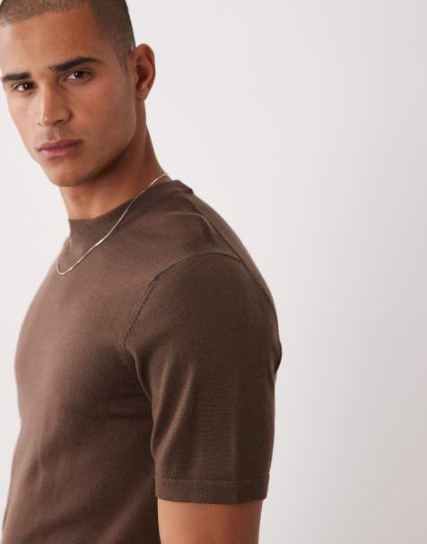 ASOS DESIGN knitted short sleeve pure merino wool crew neck t-shirt in brown - view 1