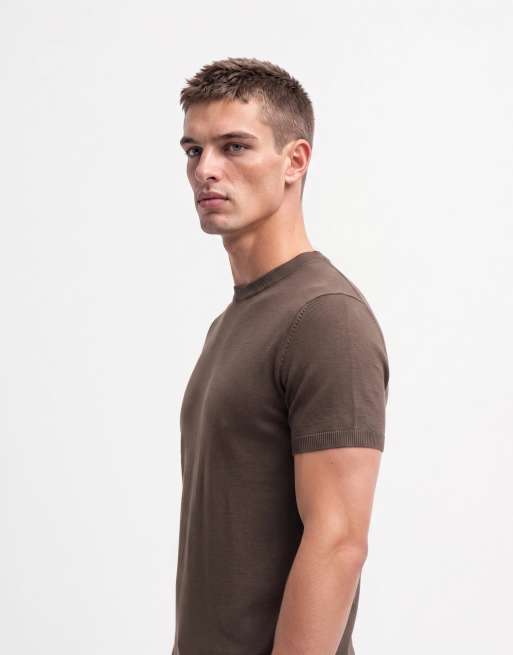 ASOS DESIGN knitted short sleeve pure merino wool crew neck t-shirt in brown, 10 of 10