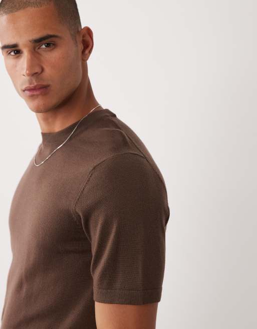 ASOS DESIGN knitted short sleeve pure merino wool crew neck t-shirt in brown, 3 of 10