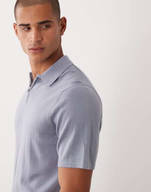 ASOS DESIGN knitted short sleeve pure merino wool half zip polo in blue, 4 of 5