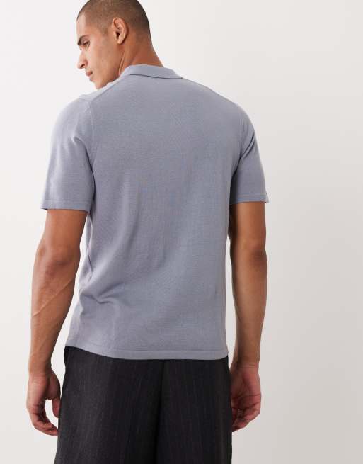 ASOS DESIGN knitted short sleeve pure merino wool half zip polo in blue, 5 of 5