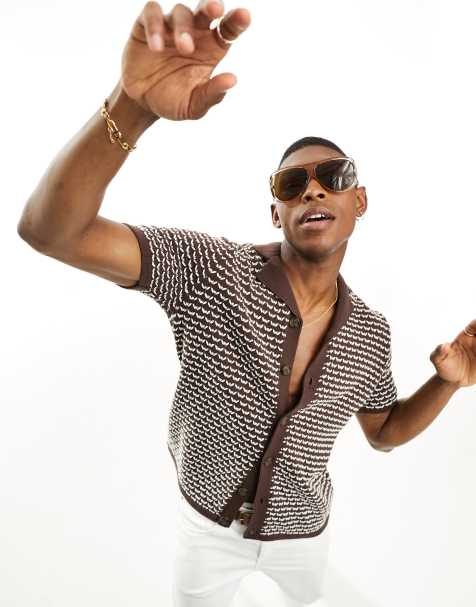 ASOS DESIGN knitted short sleeve revere shirt in brown with texture - view 1