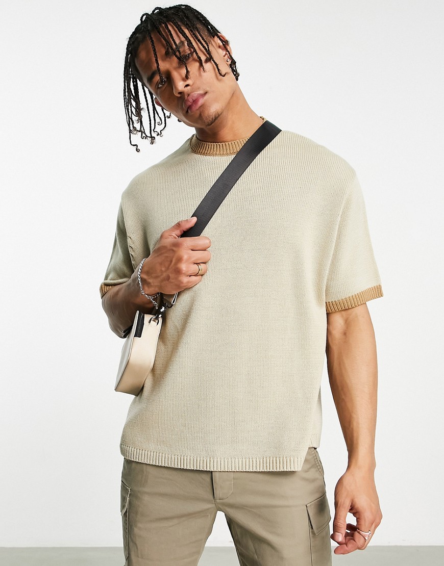 ASOS DESIGN knitted short sleeve ringer T-shirt in beige-Neutral