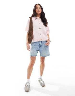 knitted short sleeve shirt cardigan in pink