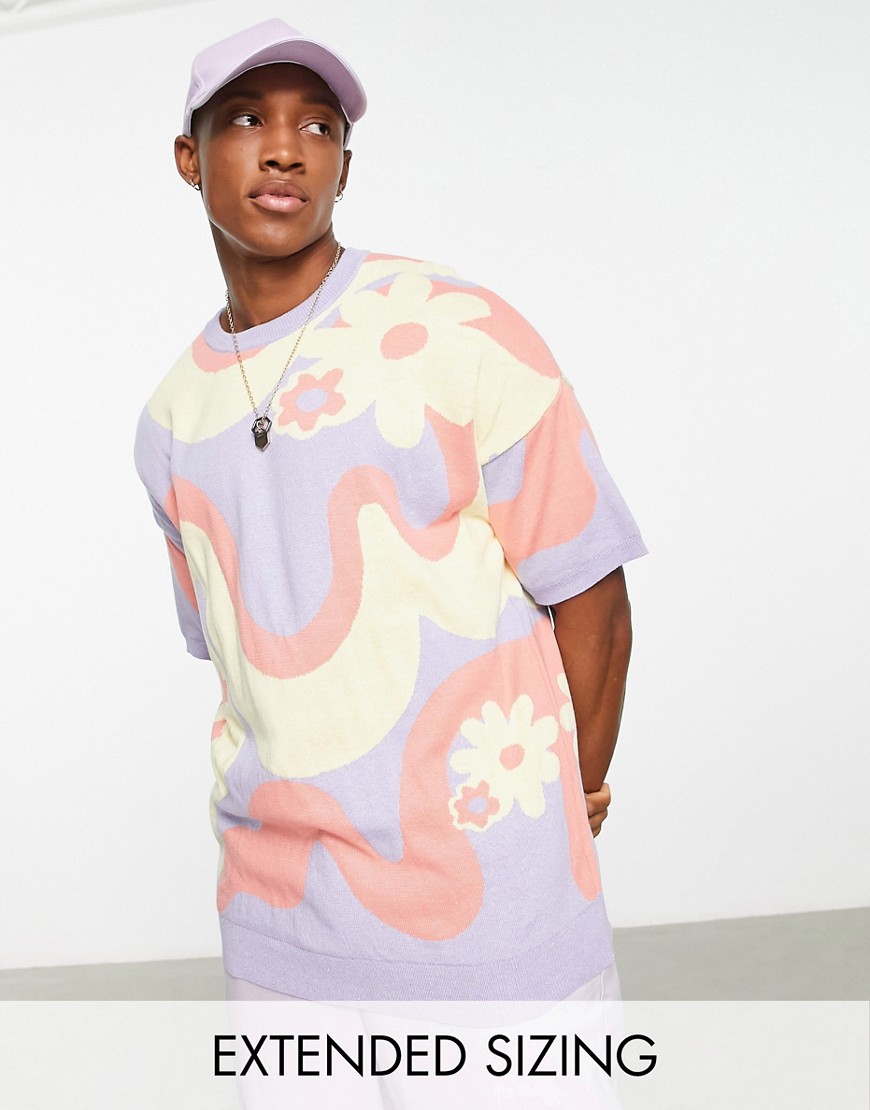 ASOS DESIGN knitted short sleeve t-shirt with swirly floral design-Multi
