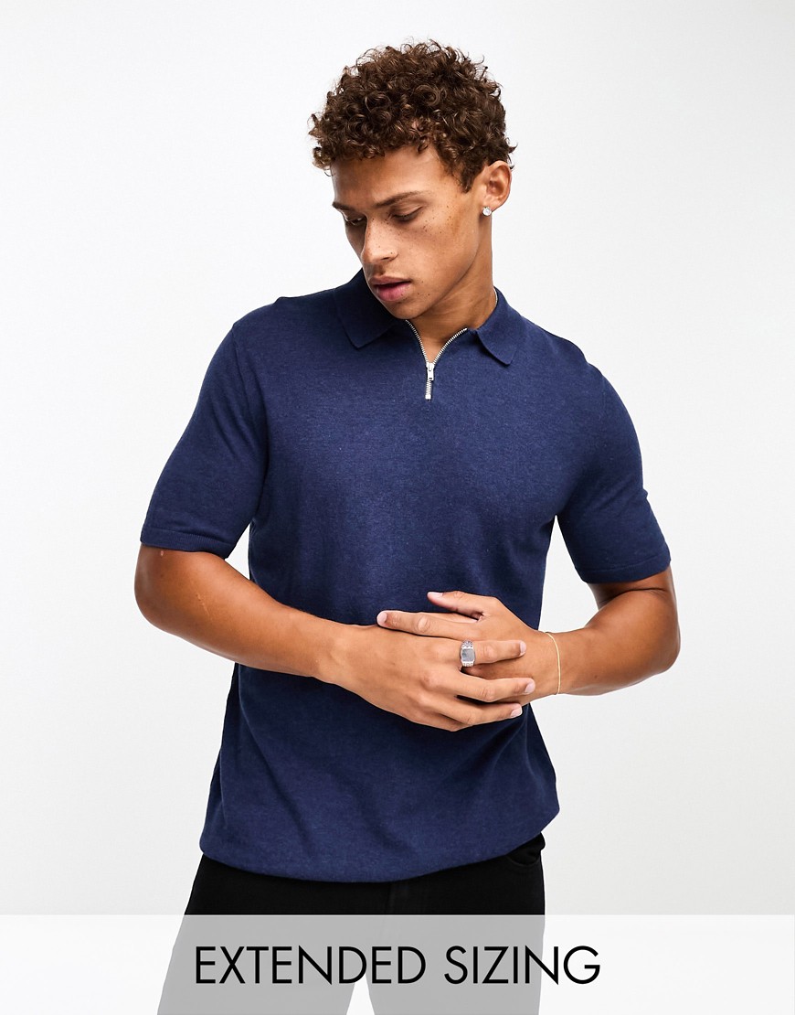 ASOS DESIGN knitted short sleeve zip top polo in navy