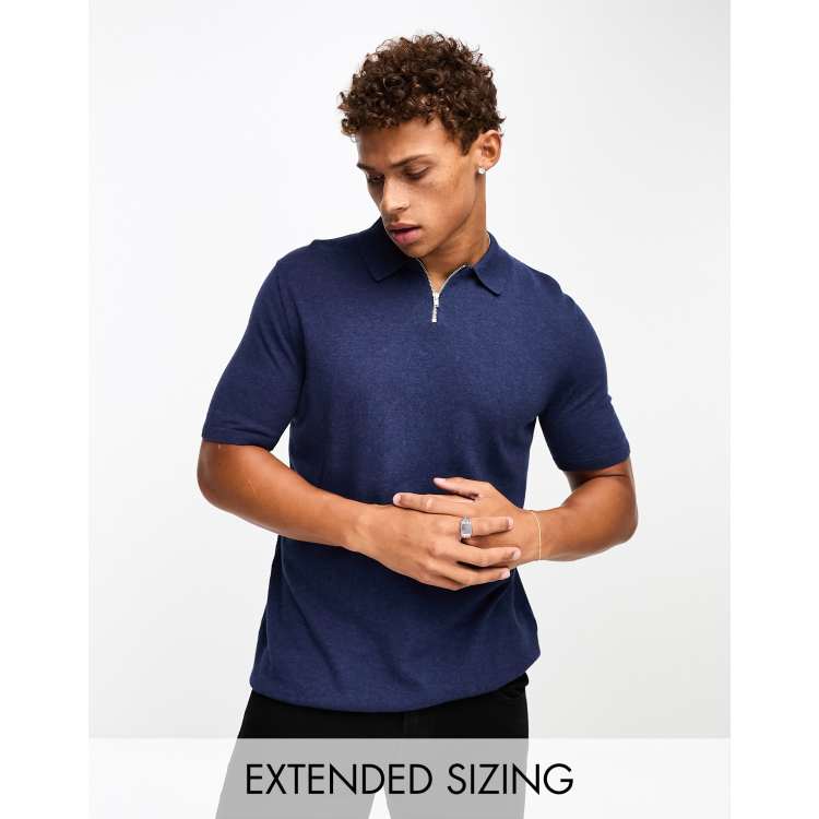 ASOS DESIGN knitted short sleeve zip top polo in navy | ASOS