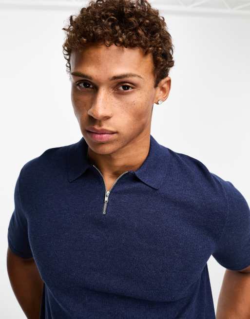 ASOS DESIGN knitted short sleeve zip top polo in navy | ASOS