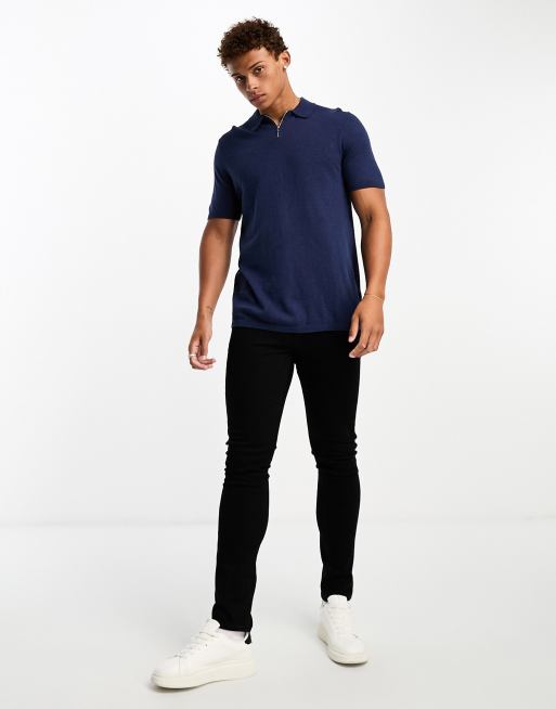 ASOS DESIGN knitted short sleeve zip top polo in navy | ASOS