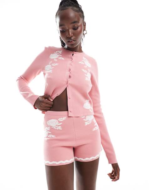 ASOS DESIGN knitted short with floral jacquard pattern co-ord in Dusty Pink - view 1