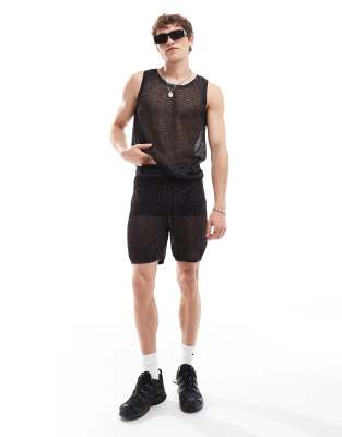 Asos Design Knitted Shorts In Black Metallic Mesh - Part Of A Set-multi