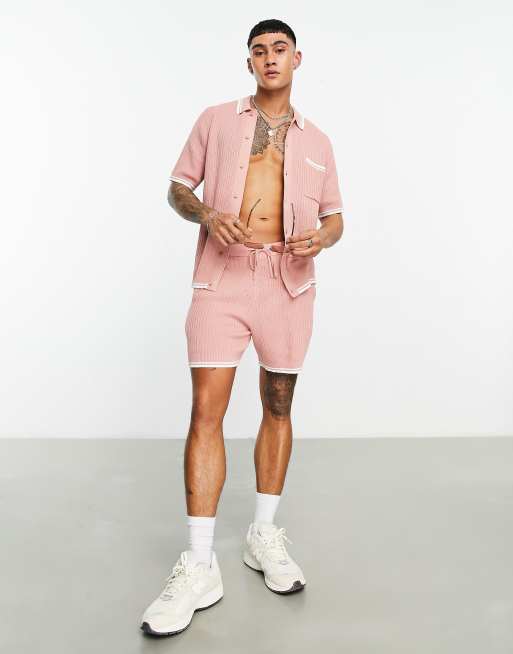 ASOS DESIGN knitted shorts with tipping detail in dusky pink (part of a set)