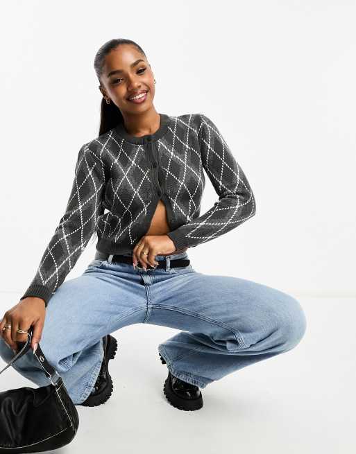 ASOS DESIGN knitted shrunken cardigan in grey check