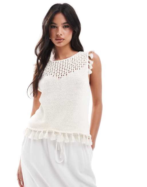ASOS DESIGN knitted singlet top with tassel trim in cream