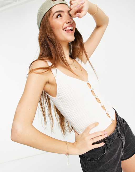 ASOS DESIGN knitted singlet with pearl button in cream