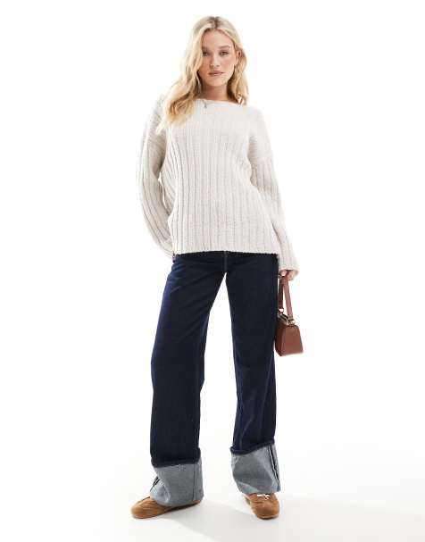 ASOS DESIGN knitted slash neck textured rib jumper in cream - view 1