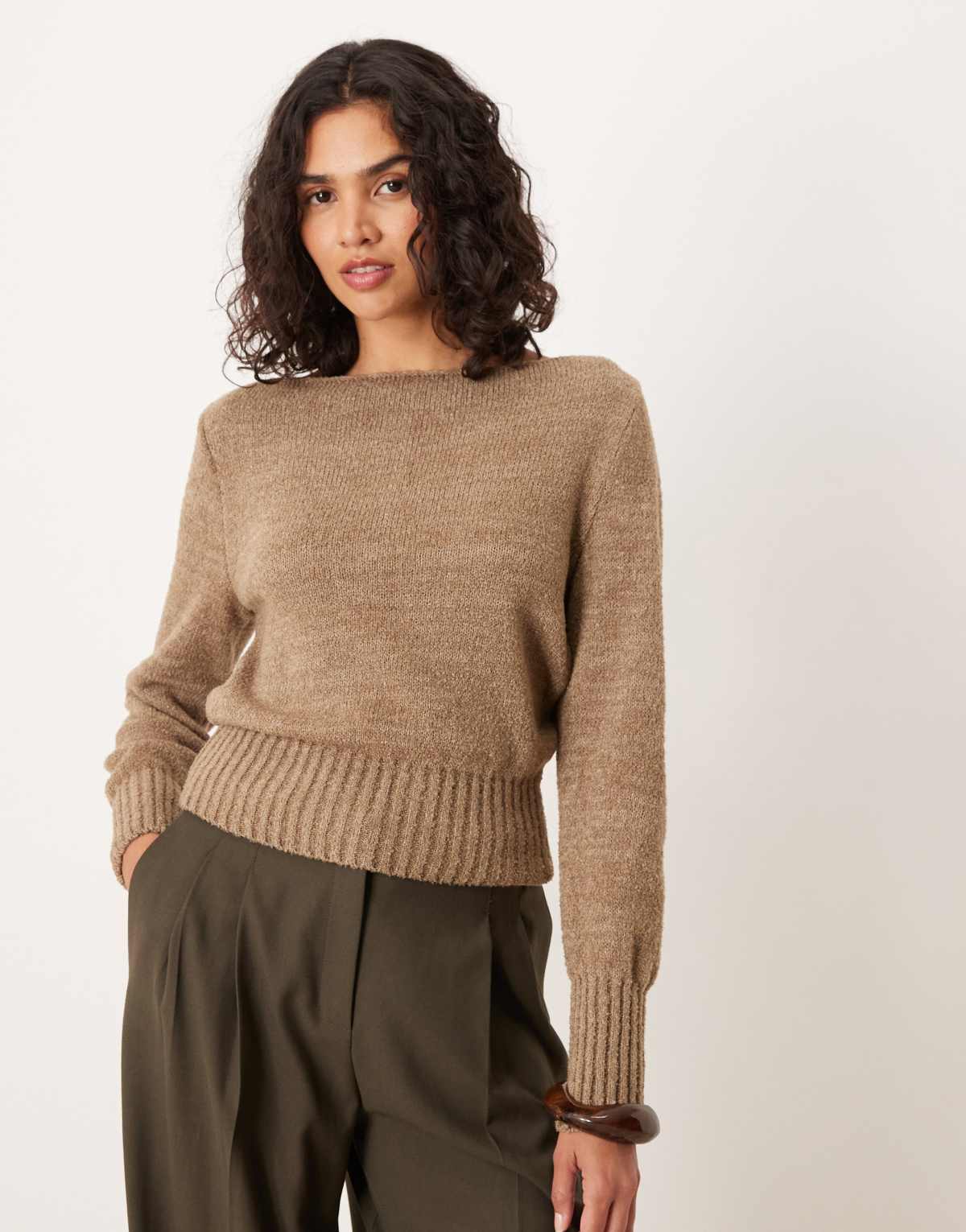 ASOS DESIGN knitted slash neck waisted jumper in mocha