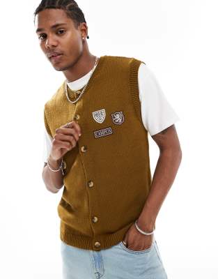 ASOS DESIGN knitted sleeveless cardigan in khaki with varsity badges-Green