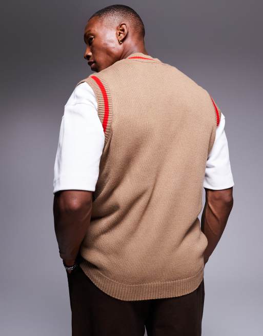 ASOS DESIGN knitted sleeveless cardigan with chest embroidery in stone with red tipping ASOS