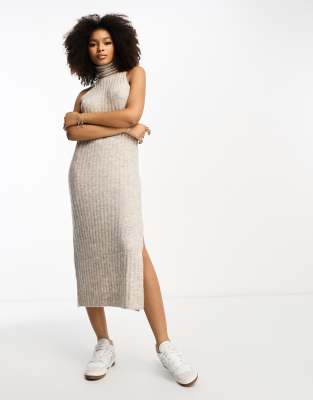 Asos Design Knitted Sleeveless Midi Dress With Roll Neck In Stone - Part Of A Set-neutral