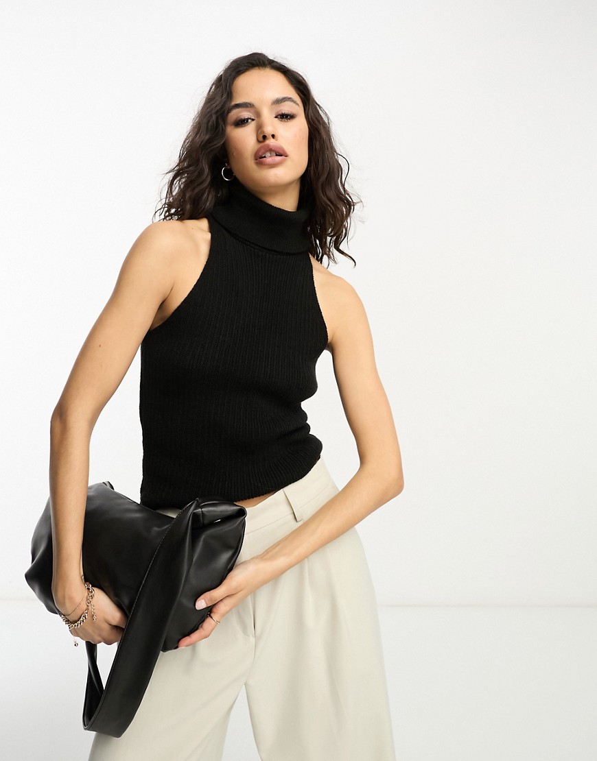 ASOS DESIGN knitted sleeveless top with roll neck in black