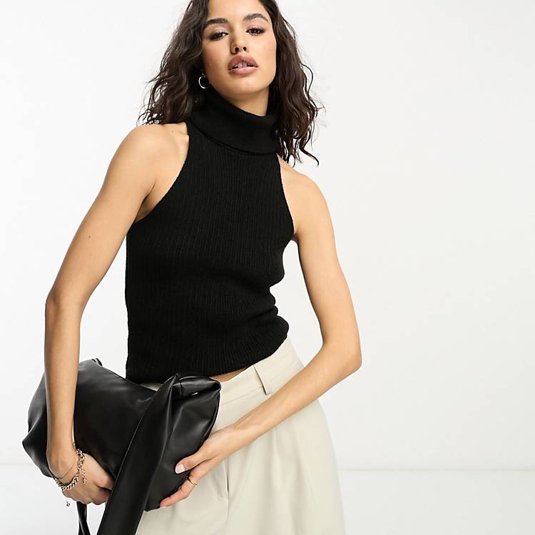 ASOS DESIGN knitted sleeveless top with turtle neck in black