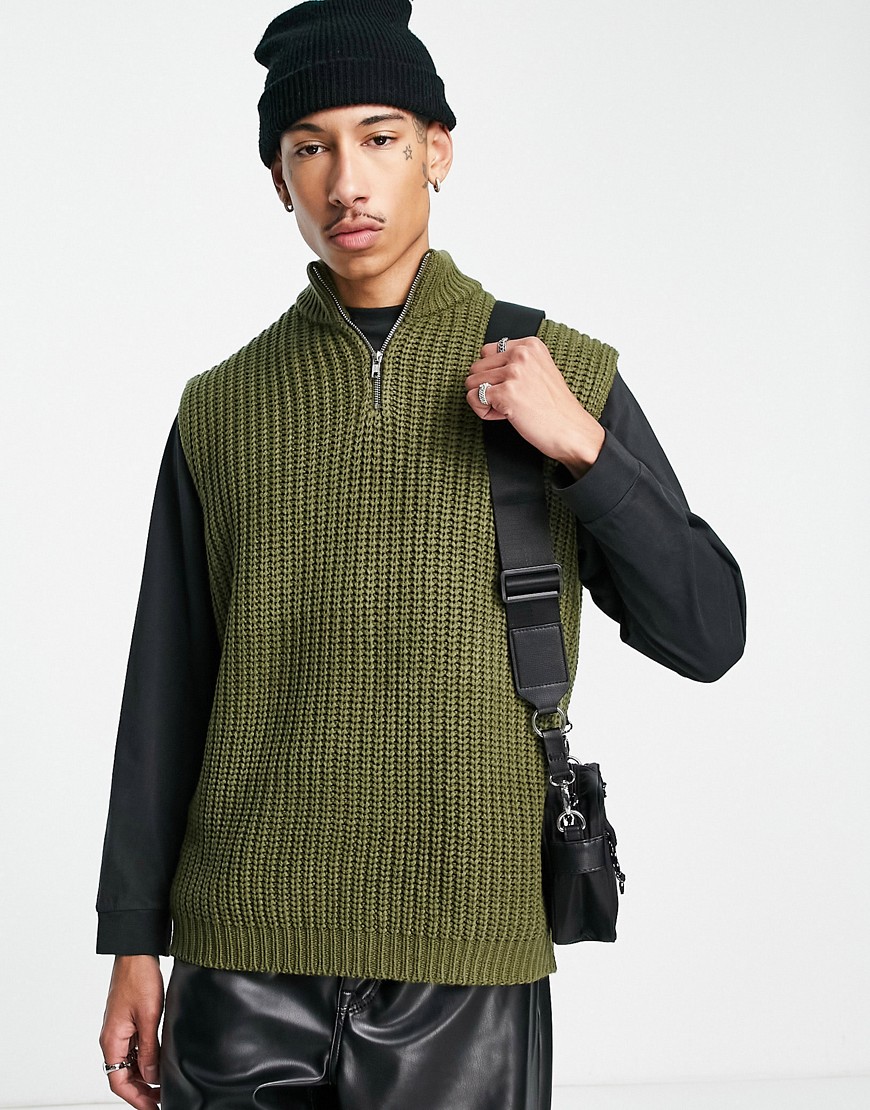 ASOS DESIGN knitted sleeveless v neck sweater in khaki-Green